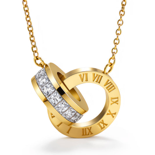 Interlocking Rings Necklace in gold, two linked circles with a pavé band