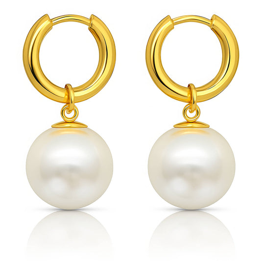 Gold-plated stainless steel pearl drop hoop earrings