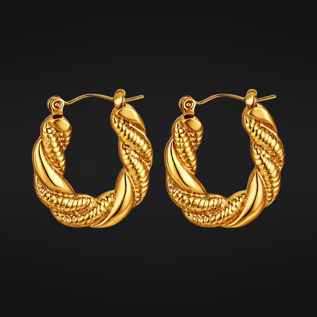 Twisted Rope Hoops in PVD gold over 316L stainless steel with a chunky twisted rope texture, on a black ground