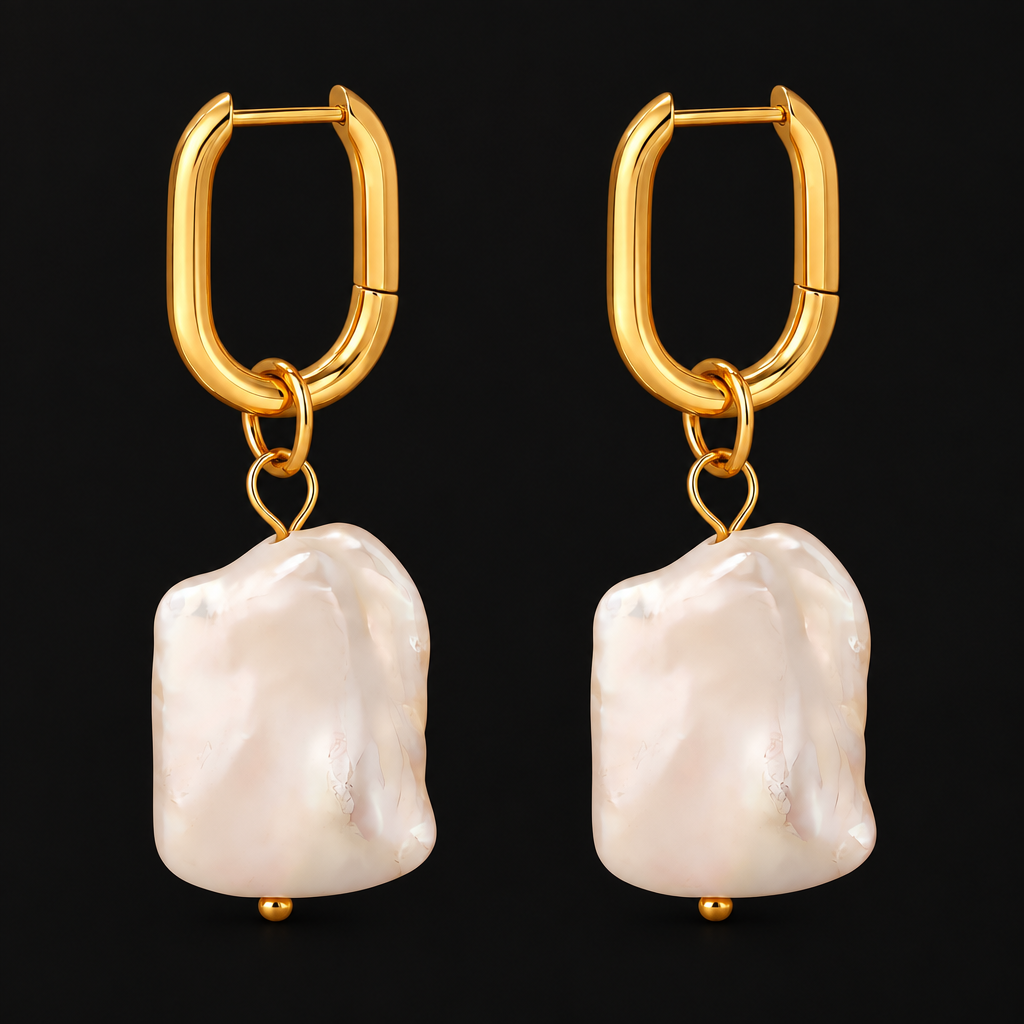 Baroque Pearl Hoops in PVD gold over 316L stainless steel with a freshwater pearl drop, on a black ground