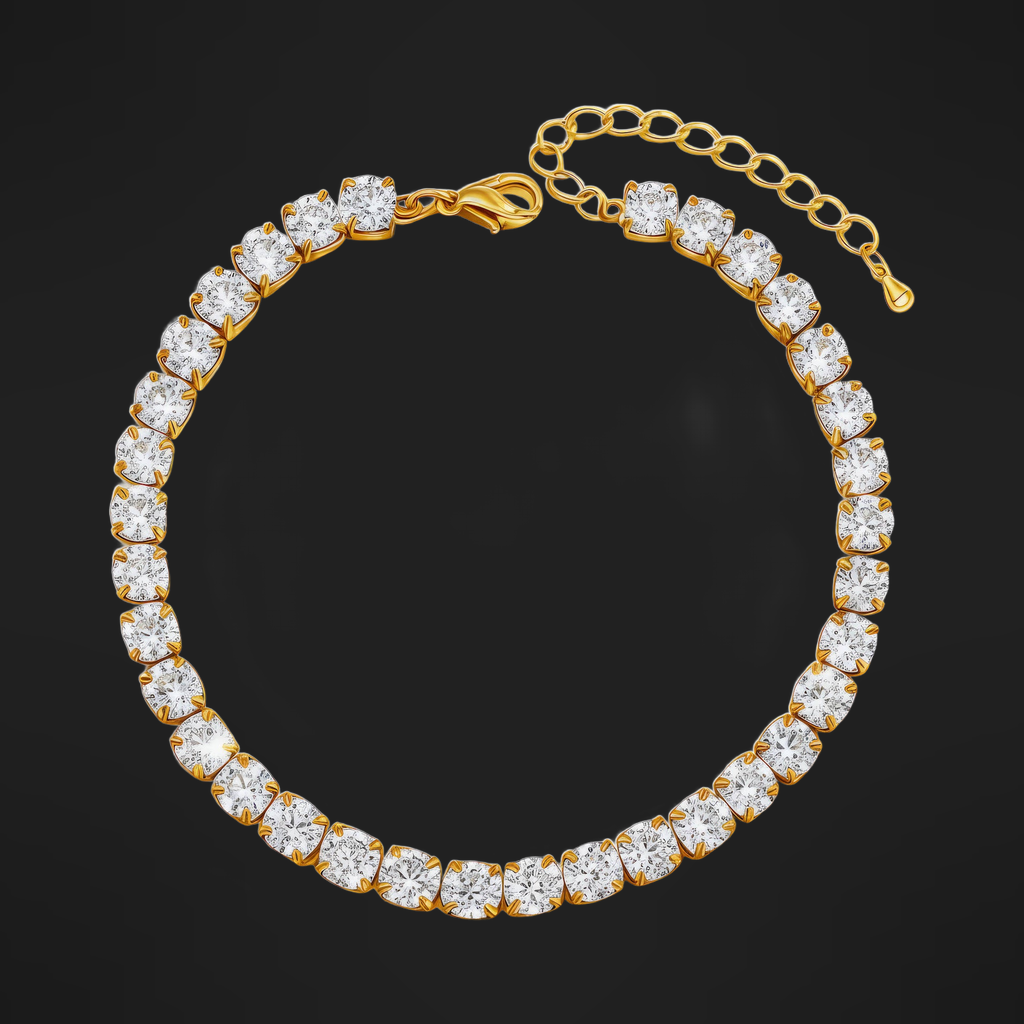 Tennis Bracelet in PVD gold over 316L stainless steel, a continuous line of cubic zirconia, on a black ground