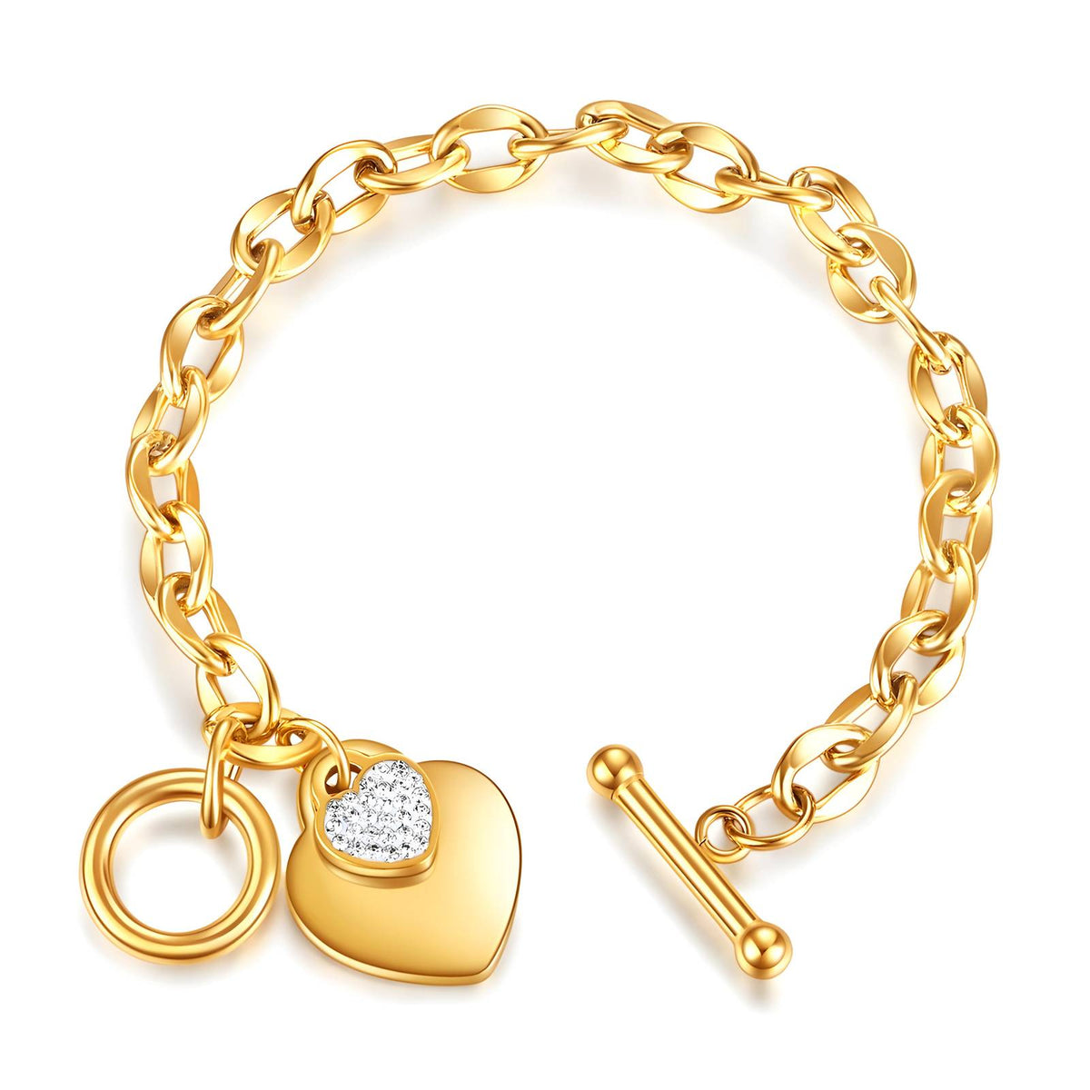 Gold-plated stainless steel hearts bracelet with cubic zirconia