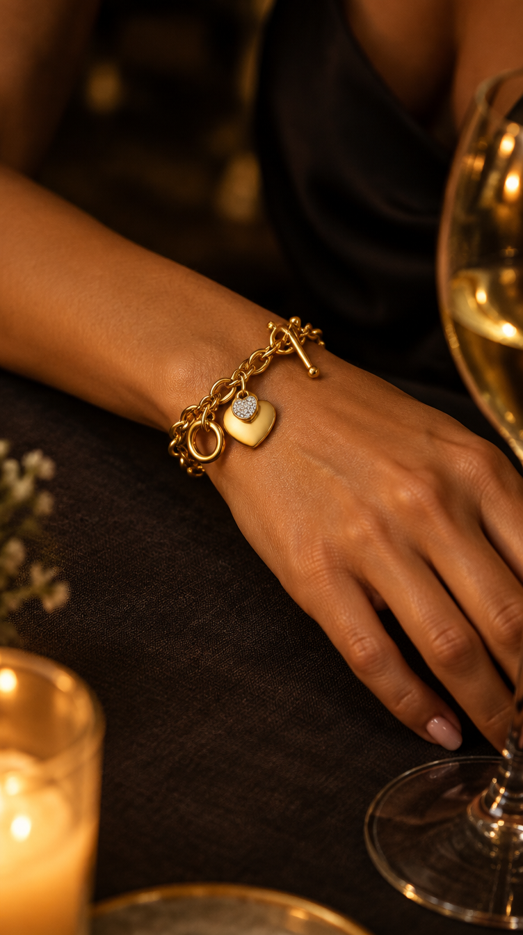 Pavé Hearts Bracelet worn at dinner