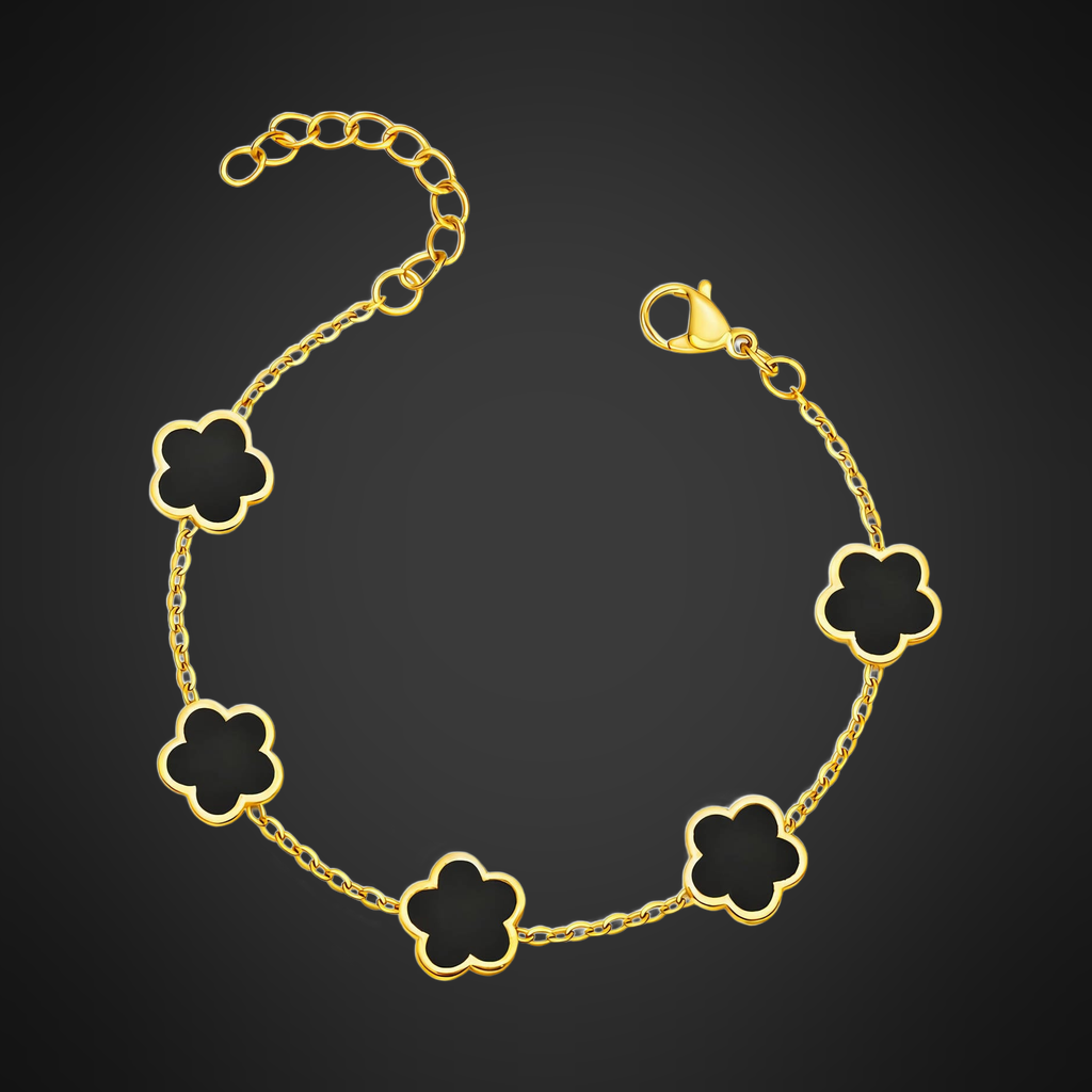 Black Flower Bracelet in PVD gold over 316L stainless steel, five black flower stations on a fine chain, on a black ground