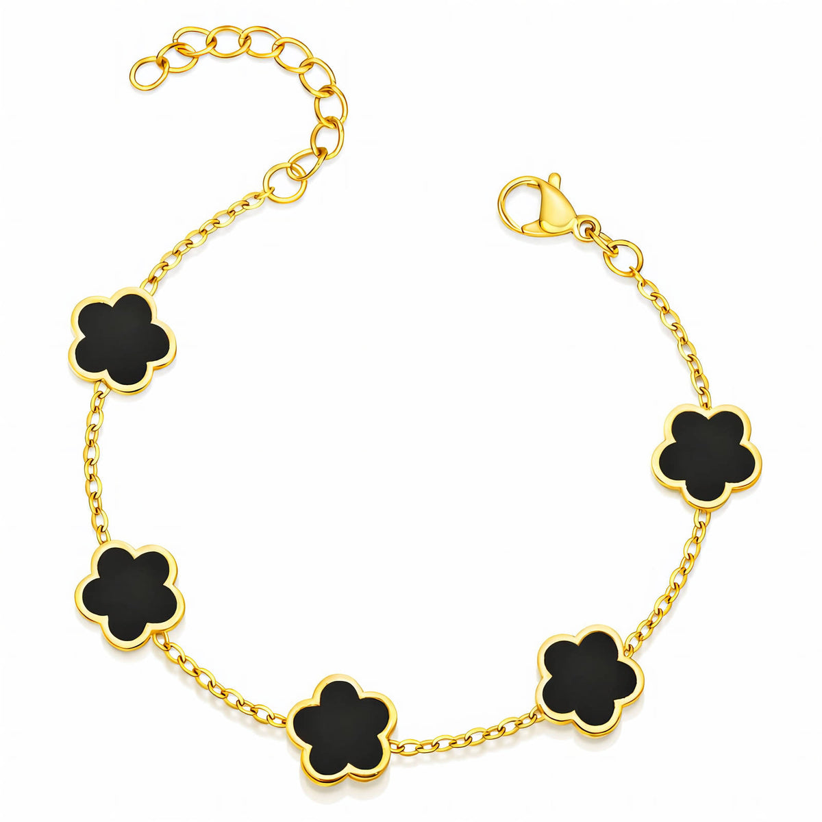 Black Flower Bracelet, five black flower stations on a fine gold-plated stainless steel chain