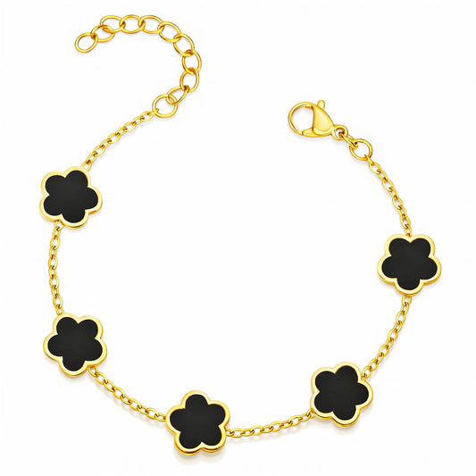 Black Flower Bracelet, five black flower stations on a fine gold-plated stainless steel chain