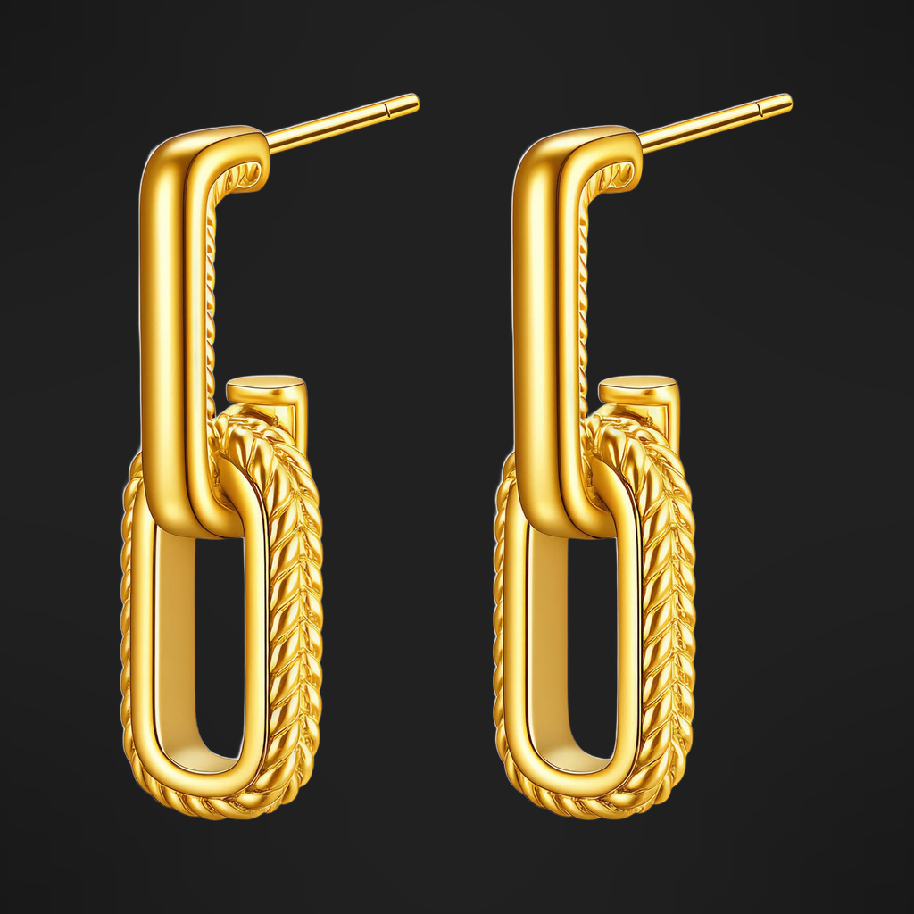 Linked Chain Earrings in PVD gold over 316L stainless steel, two interlocking rope-textured links on a post, on a black ground