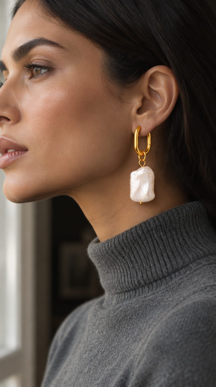 Baroque Pearl Hoops worn in morning light