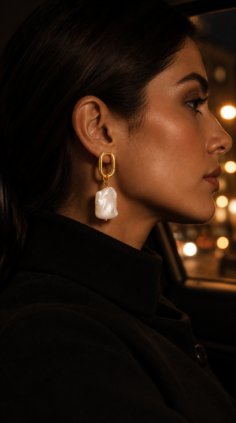 Baroque Pearl Hoops worn in the evening