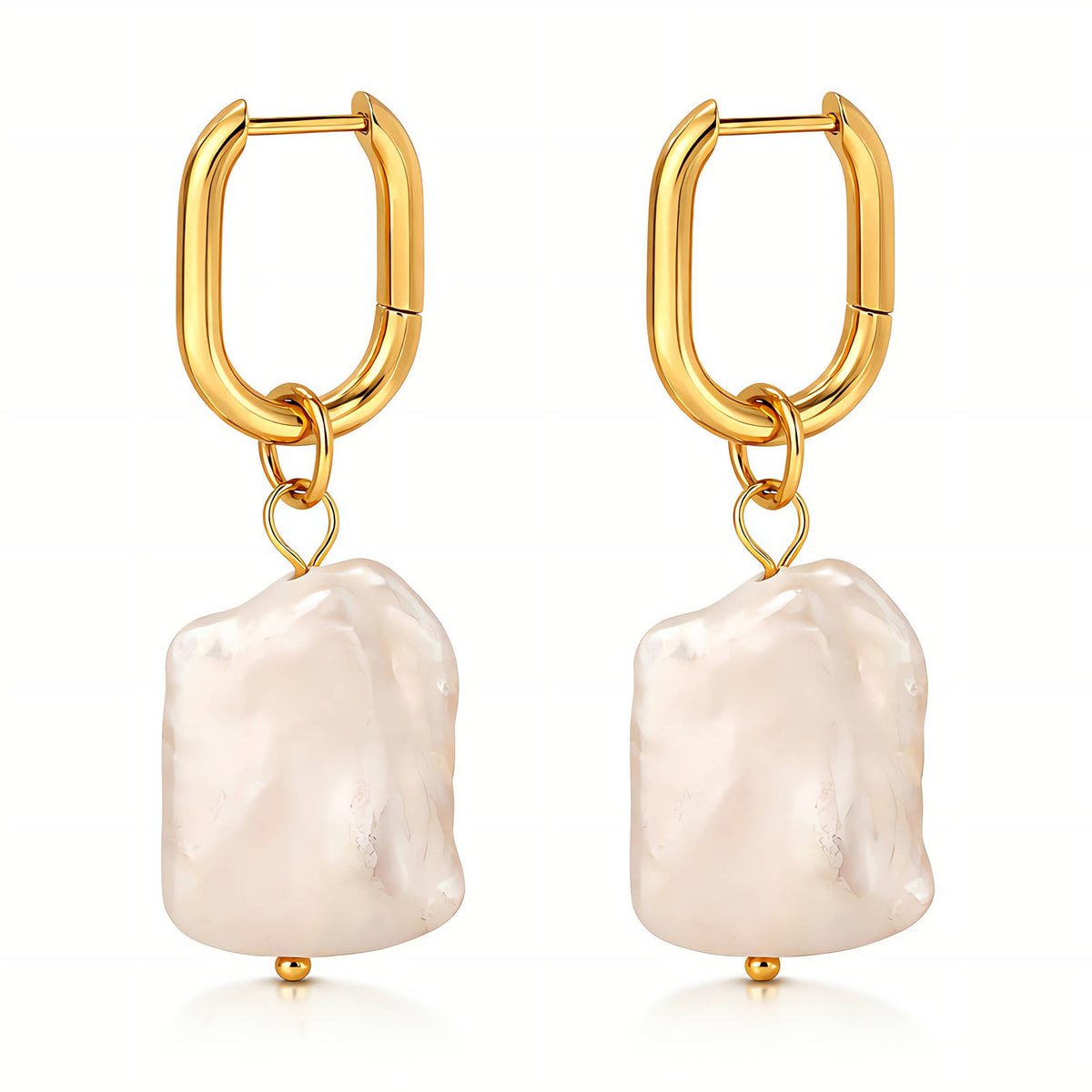 Gold-plated stainless steel hoop earrings with a baroque freshwater pearl drop