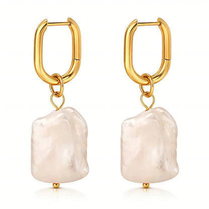 Gold-plated stainless steel hoop earrings with a baroque freshwater pearl drop