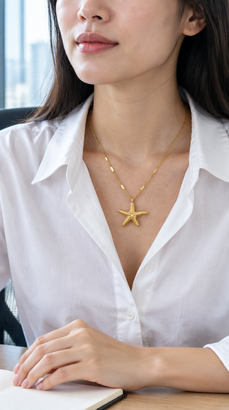 Starfish Pendant Necklace worn at a desk