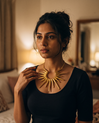 Statement Pendant Necklace worn at the collarbone in warm evening lamp light