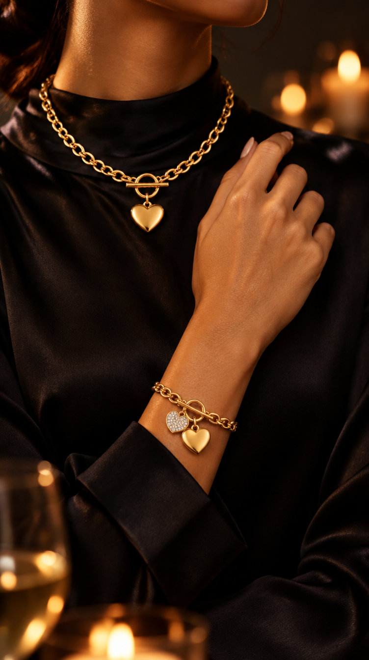 Heart Toggle Necklace and Pavé Hearts Bracelet worn together in the evening