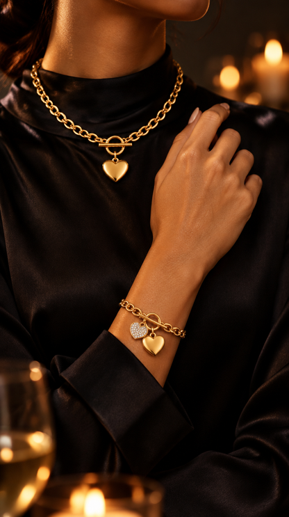Heart Toggle Necklace and Pavé Hearts Bracelet worn together in the evening