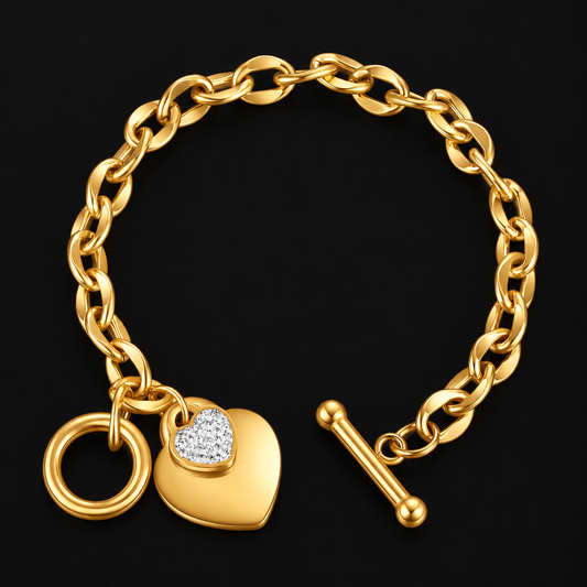 Pavé Hearts Bracelet in PVD gold over 316L stainless steel, on a black ground